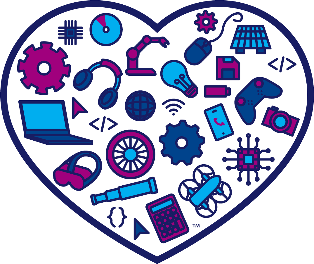 Heart-shaped illustration filled with STEM icons including gears, laptops, drones, and calculators.