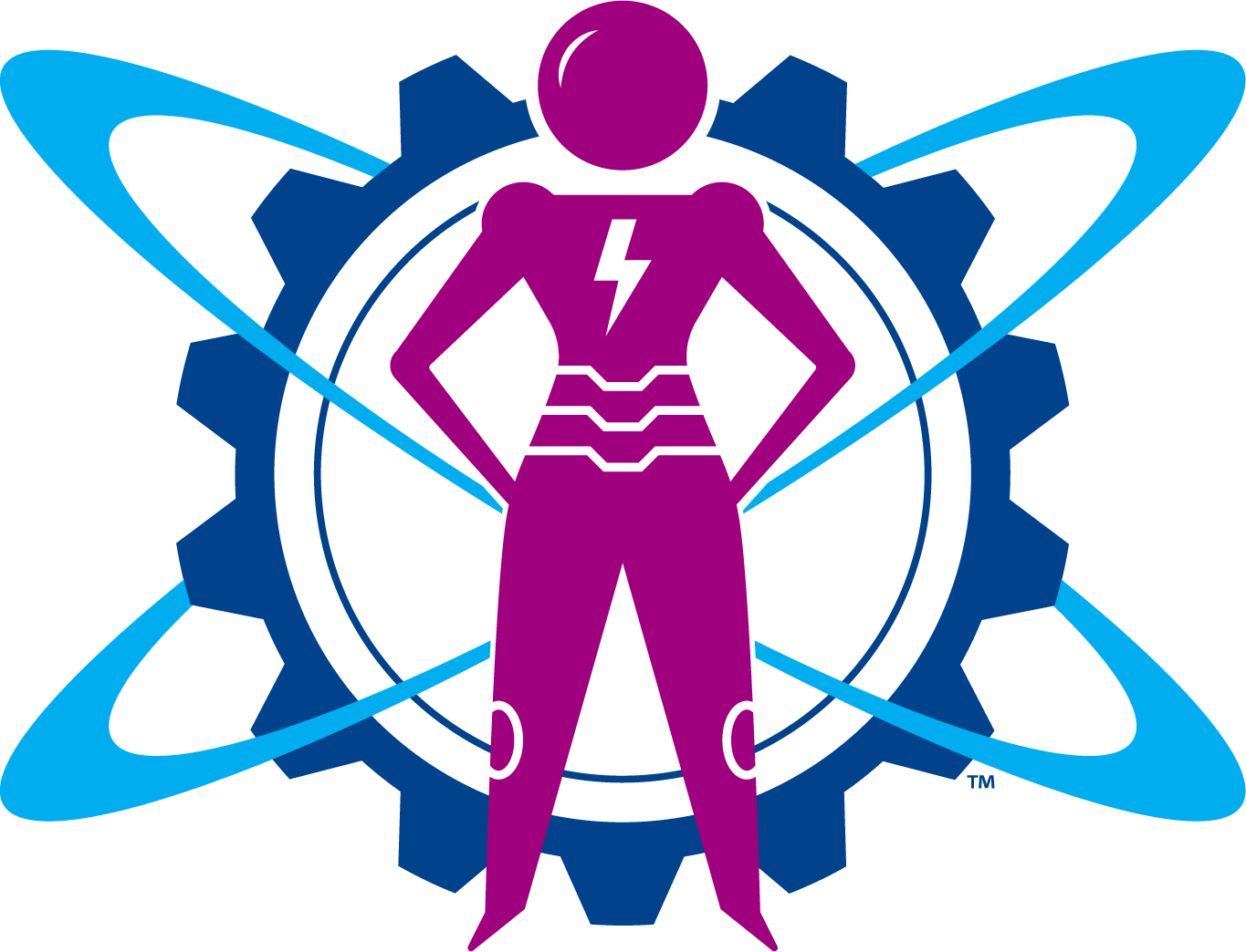 Girl Powered superhero icon with gears and atom rings.