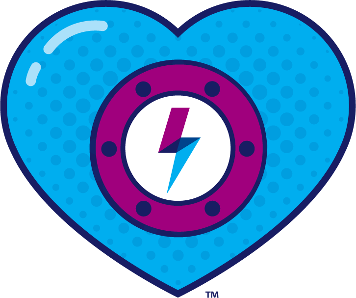 A heart shaped icon feature the girl powered lightning bolt in the center.
