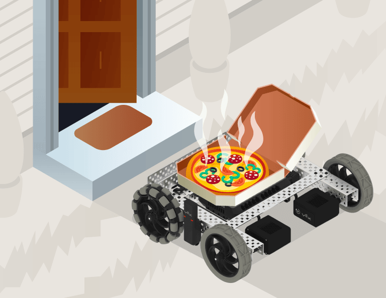A V5 Robot delivering a pizza to a front door.